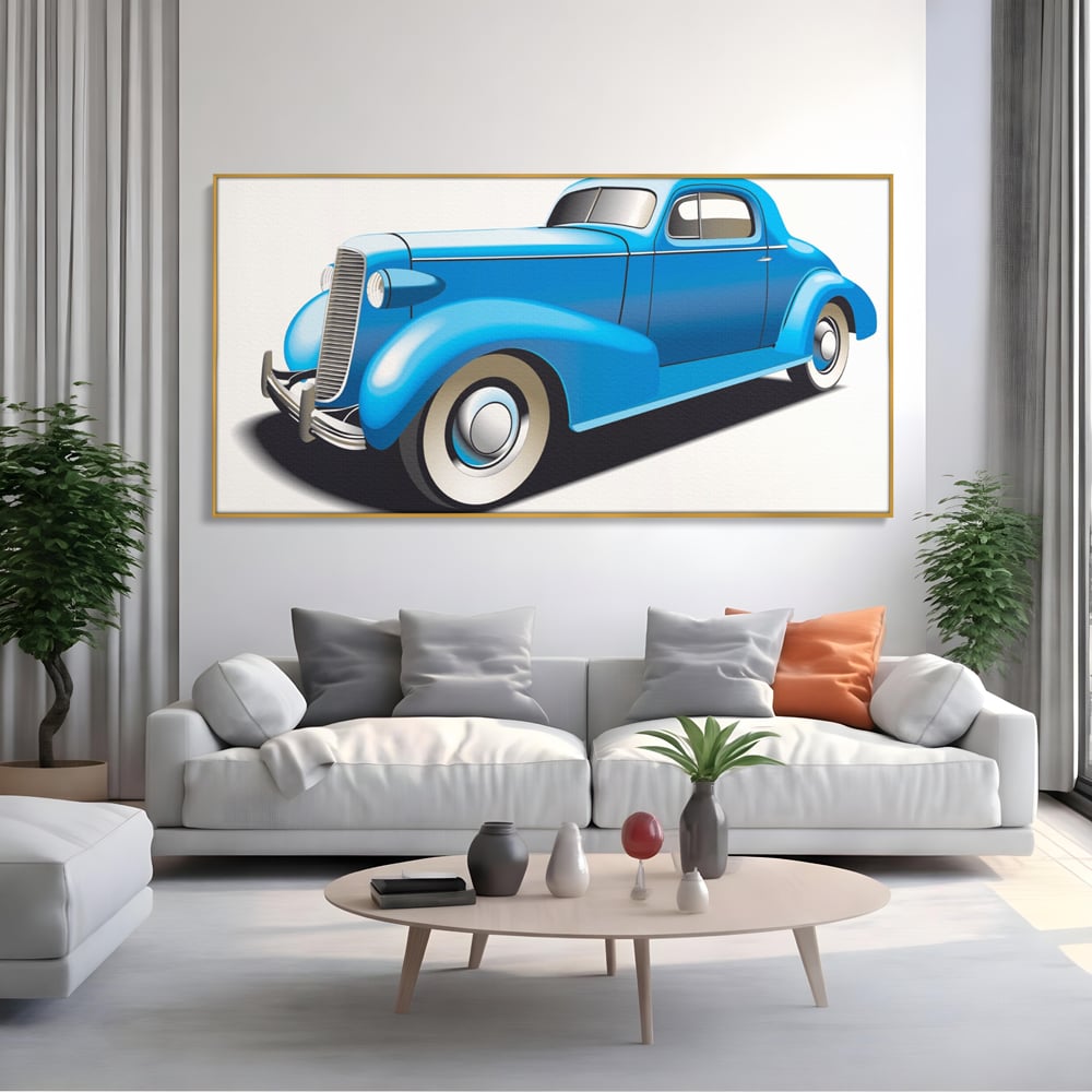 Tablou canvas cu ilustratie cu masina de epoca albastra, in rama de aluminiu auriu, pe perete intr-un living